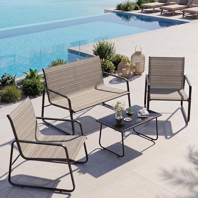 ALAULM 4 Pieces Outdoor Patio Furniture Set, Metal Patio Conversation Set with Easy Assembly Textilene Chairs & Glass Coffee Table for Garden, Backyard, Porch, Poolside-Brown