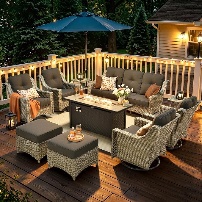 10 Piece Patio Furniture Set with Fire Pit Table, Outdoor Wicker High Back Sofa and Swivel Rocker Chairs Set of 4 with Ottoman, Large Conversation Sets for Backyard Deck Garden, Black