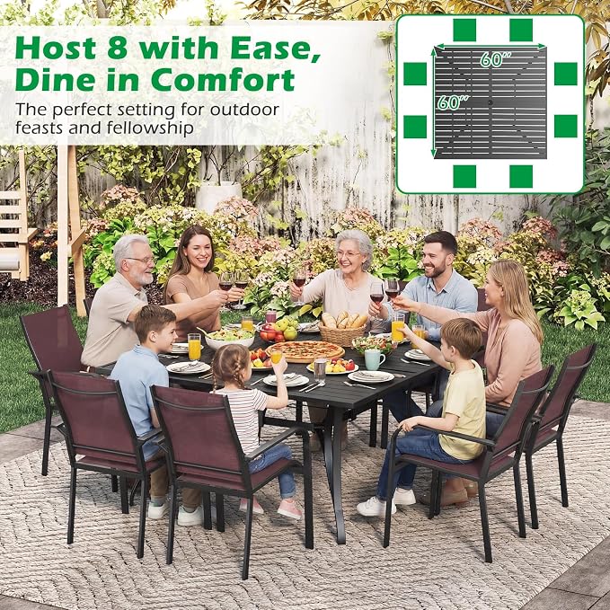 Tangkula 60" x 60" Metal Patio Dining Table for 8, Square Heavy Duty Outdoor Dining Table with Umbrella Hole, 8-Person Outside Dining Furniture for Porch, Garden, Balcony and Backyard
