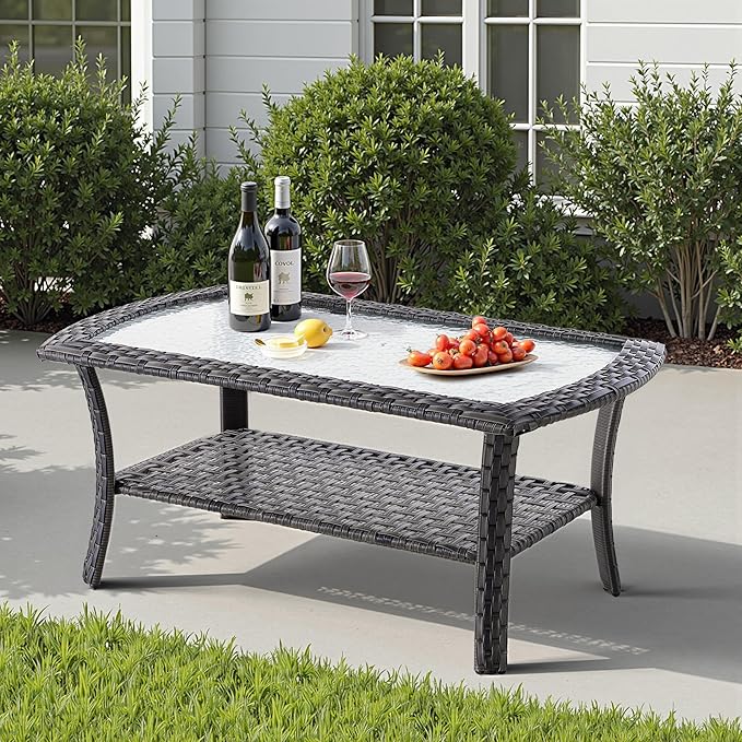 2 Pieces Wicker Patio Furniture Loveseat with Table - Outdoor Rattan Patio Bistro Set of 2,All-Weather PE Wicker Conversation Sofa High Back Deep Seating for Deck Porch Yard,Grey