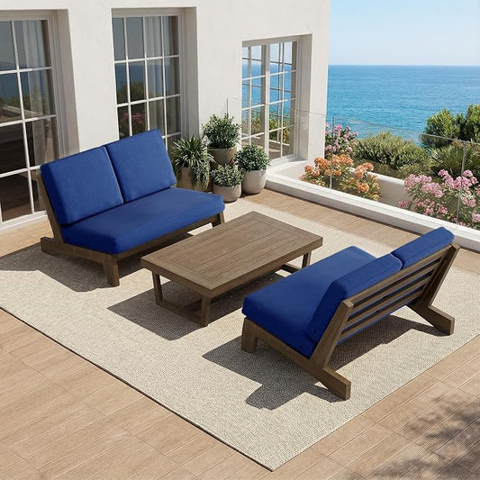 All Weather Wood Patio Furniture Sets, 3 Pieces Patio Loveseat Sofa Outdoor Sectional Futniture Backyard Conversation Set with Solid Wooden Coffee Table - Navy Blue