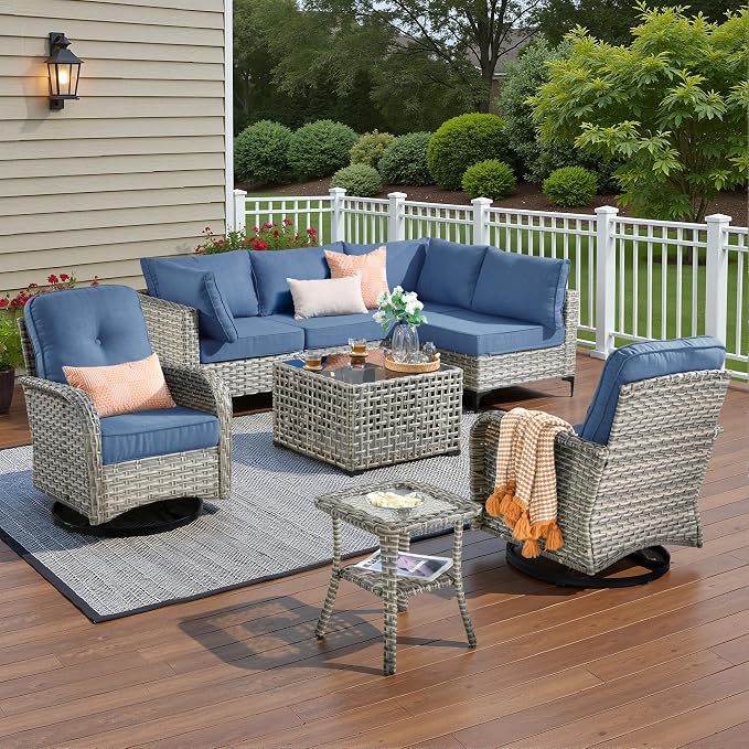8 Pieces Patio Sectional Furniture Set, Outdoor Wicker Sectional Couch with High Back Swivel Rocker Chairs Solar Lights Table, Modern Conversation Set for Porch Balcony Backyard, Denim Blue