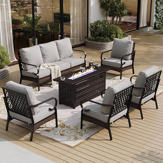 SUNSHINE VALLEY 6 Piece Black Metal Outdoor Patio Furniture Sets with Firepit Table, Patio Conversation Sets 1 3-Seater Sofa, 4 Single Sofa with 5.75" Cushion Backyard Furniture for Deck, Light Gray