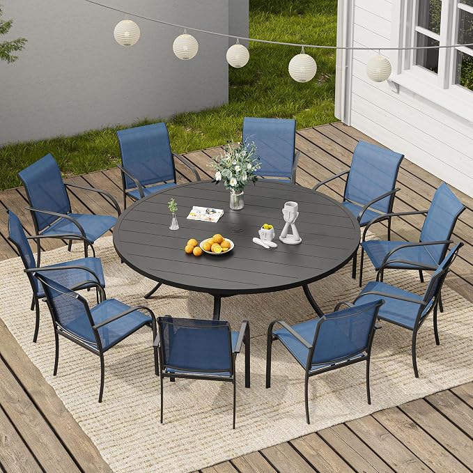 VICLLAX Round Outdoor Dining Set, Patio Table and Chairs Set Set of 10 Patio Stackable Chairs and 63" Outdoor Round Table with Umbrella Hole for Backyard Lawn Garden, Blue Chairs and Black Table