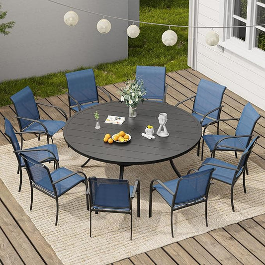VICLLAX Round Outdoor Dining Set, Patio Table and Chairs Set Set of 10 Patio Stackable Chairs and 63" Outdoor Round Table with Umbrella Hole for Backyard Lawn Garden, Blue Chairs and Black Table