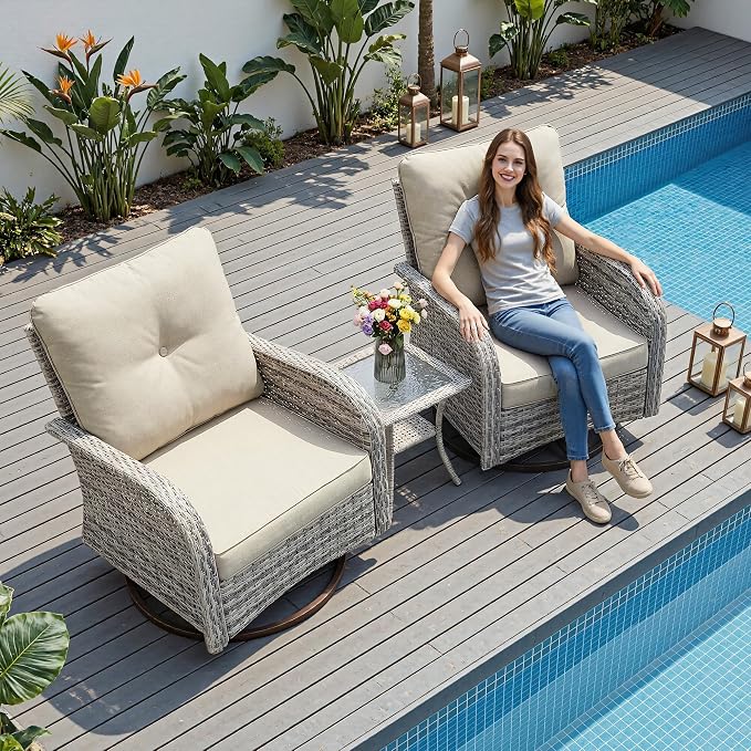 3-Piece Small Patio Furniture Set, Outdoor Swivel Rocking Chairs Set with Wicker Chairs and Tempered Glass Side Table, Outdoor Furniture Patio Bistro Set for Balcony, Deck, Porch