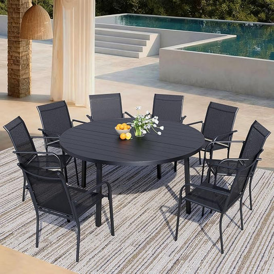 9 Pieces Patio Dining Set for 8, Black Patio Stackable Chairs and Black Round Table Set of 8, Outdoor Furniture Set with Sling Support for Outside, Garden