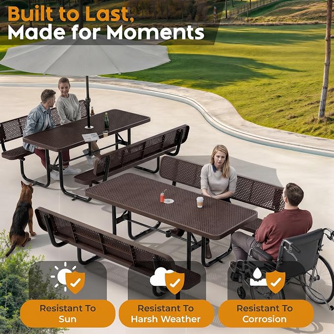 Commercial Heavy-Duty Metal Picnic Table with Backrest - ADA Compliant, Adjustable Seats, Umbrella Hole, Expanded Metal (Brown, 6' Rectangular with Back)