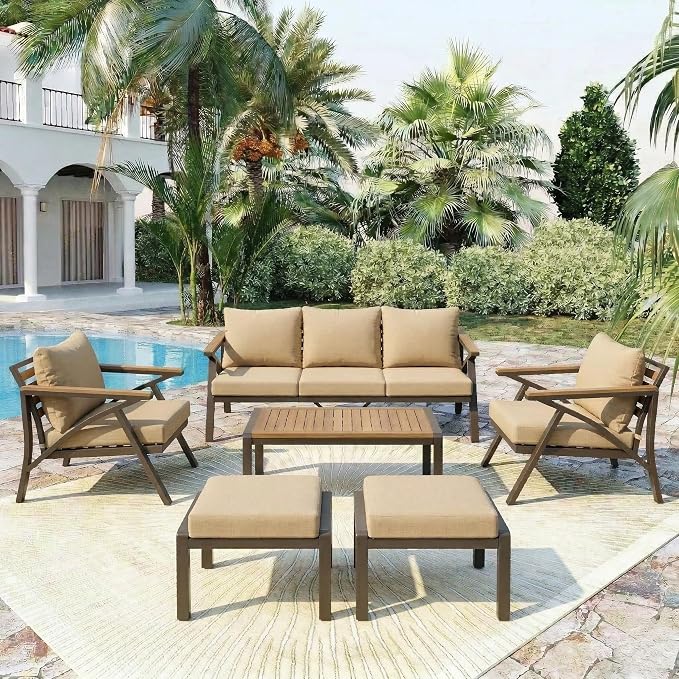 6-Piece Outdoor Patio Furniture Set,Steel Frame Sofa Set with 3-Seat Couch, 2 Armchairs,2 Ottomans & Acacia Wood Coffee Table, Cushioned Seating for Backyard, Garden,Poolside (Brown#56)