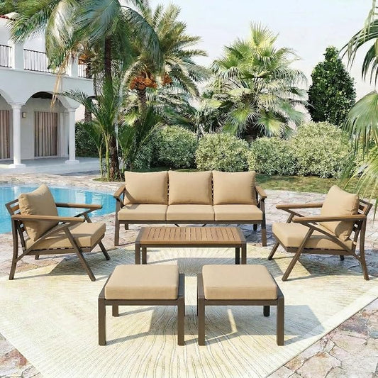 JIVOIT Outdoor Patio Furniture Set, 6-Piece Steel Frame Sofa Set with Acacia Wood Coffee Table, 3-Seat Couch, 2 Armchairs, 2 Ottomans, Cushioned Seating for Backyard, Garden, Poolside (Brown/51)