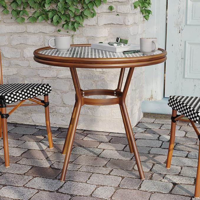 Flash Furniture Lourdes Indoor/Outdoor Commercial Bistro Table - Tempered Glass Top - PE Rattan - Natural Bamboo Print Aluminum Frame - 31.5" - Black/White