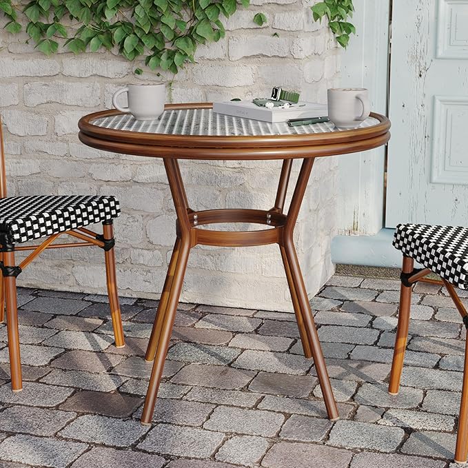 BizChair Indoor/Outdoor Commercial Bistro 31.5" Table, Black and White PE Rattan, Glass Top, Bamboo Print Aluminum Frame in Natural