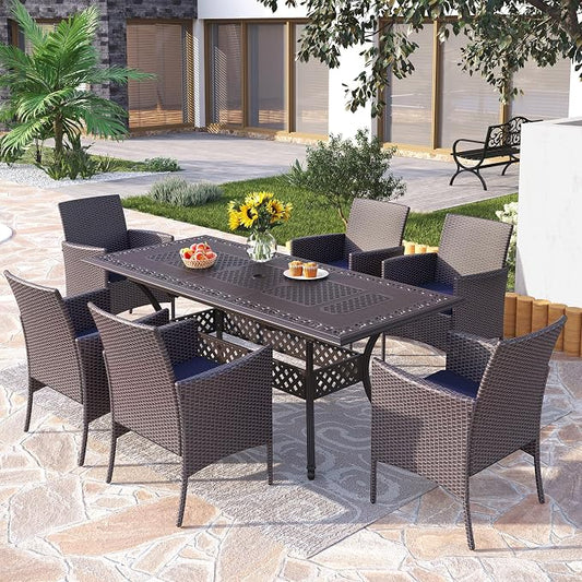 PHI VILLA 7 Pieces Outdoor Expandable Cast Aluminum Dining Set for 6, Extendable Metal Table with Umbrella Hole & Cushioned Wicker Chairs, Dining Furniture Set for Patio, Deck, Yard and Porch