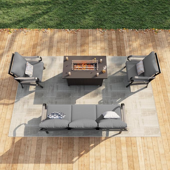 4 Pieces Patio Furniture Set, Metal Outdoor Conversation Sets with Fire Pit Table for Backyard Garden Deck Porch Poolside (Thick Gray Cushions)