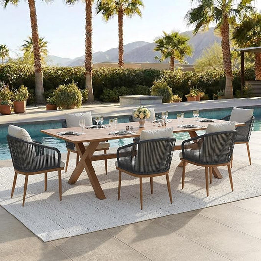 7-Piece Patio Dining Table Sets, Woven Wicker Dining Set with Rectangular Aluminum Table and Dining Chairs Modern Outdoor Dining Furniture Set for Outdoors and Indoors