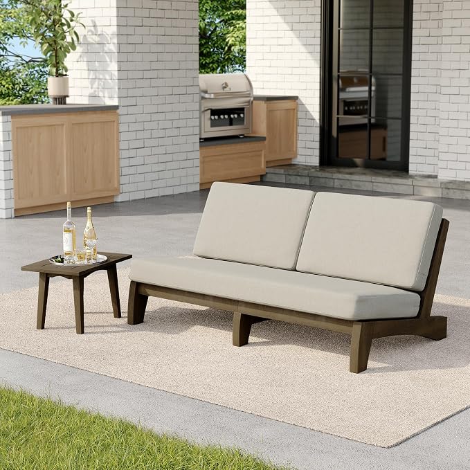 2 Pieces Patio Furniture Sets, All-Weather Outdoor Wood Bistro Set Patio Conversation Side Table Chiars and Patio Loveseat for Balcony, Backyard