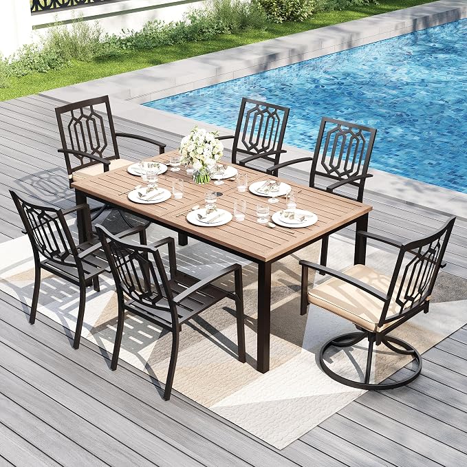 PHI VILLA 7 Pcs Outdoor Dining Set for 6,Metal Table& Fixed Swivel Chairs | Wood-Like Wrought Iron Table w/ Umbrella Hole,Modern Metal Furniture for Patio, Deck, Yard, Porch