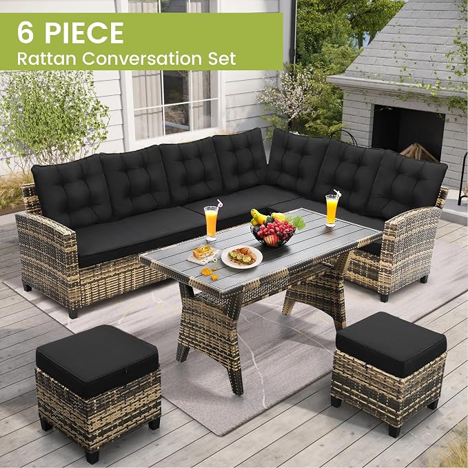 KROFEM 6 Piece Patio Furniture Set, Dining and Conversation Set, Black | UV Treated Wicker, Machine Washable Cushions, Seats 7, 2 Ottomans, 3 Sofa Section, Dining Table, Rustproof Frame