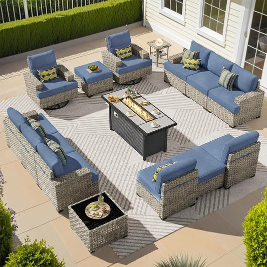 CAODOC 15-Piece Outdoor Sectional Sofa Set w/ 54" Fire Pit – L-Shaped Wicker Patio Furniture, Deep Seating & Swivel Rockers, Light Blue