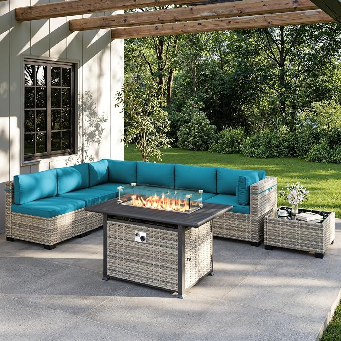 8-Piece Outdoor Patio Furniture Set with 55,000 BTU Fire Pit Table, PE Wicker Rattan Sectional Sofa Conversation Set - All-Weather Garden, Backyard Furniture, Turquoise