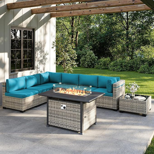 8-Piece Outdoor Patio Furniture Set with 55,000 BTU Fire Pit Table, PE Wicker Rattan Sectional Sofa Conversation Set - All-Weather Garden, Backyard Furniture, Turquoise