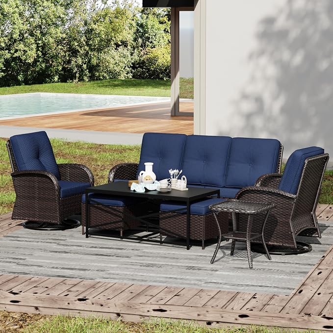 Joyside Wicker Patio Furniture Set, 7 Piece Outdoor Furniture Set with Thickened Cushions, High Back, Deep Seating, Wide Armrest, Outdoor Swivel Rocker Chairs for Porch, Deck