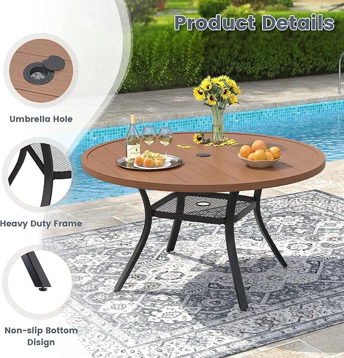 VICLLAX 40.6" Round Metal Outdoor Dining Table for 4, Patio Table with Umbrella Hole and Storage Shelf for Garden, Lawn, Deck, Walnut