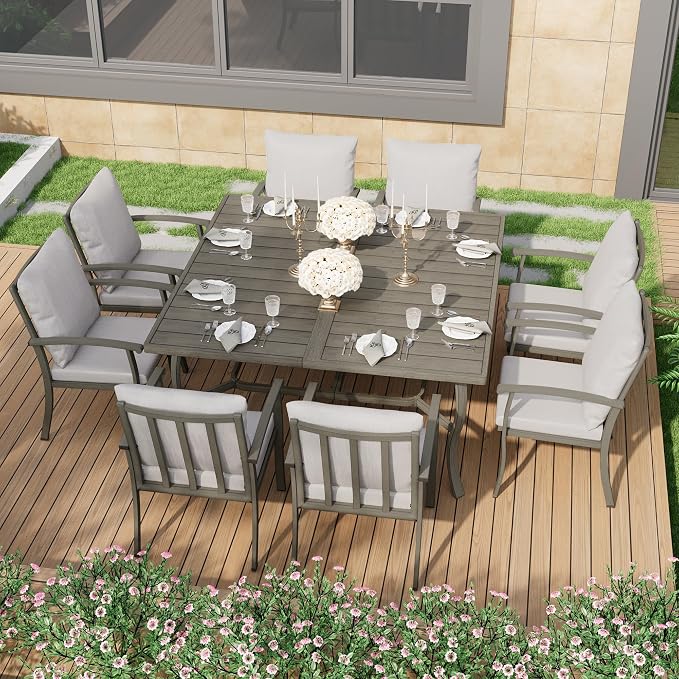 HAPPATIO Square Outdoor Dining Table, 59" Large Aluminum 8 Person Table with Umbrella Hole, All-Weather Aluminum Frame for Deck Lawn Garden Backyard Balcony Deck,