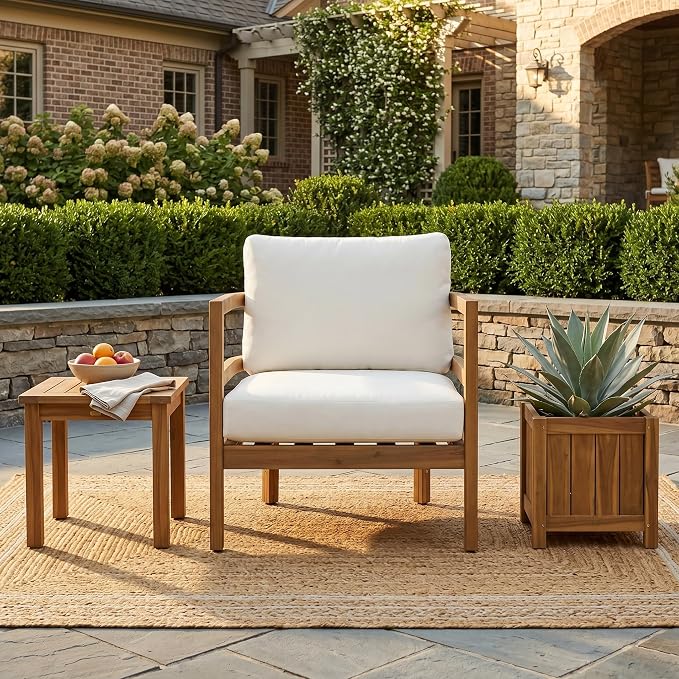 Merax Outdoor Acacia Wood Lounge Chair with Cushions, Solid Wood Patio Armchair, Modern Outdoor Accent Seating for Patio, Garden, Balcony, Deck, Porch, Beige + Light Brown