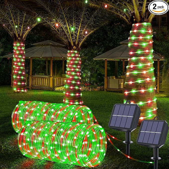 Solar Rope Lights, 2 Pack Total 66ft 200LED Solar String Lights, 8 Modes Waterproof Solar Outdoor Light, Flexible Clear Trampoline Light for Garden Yard Patio Deck Porch Pool Tree Decor - Red & Green