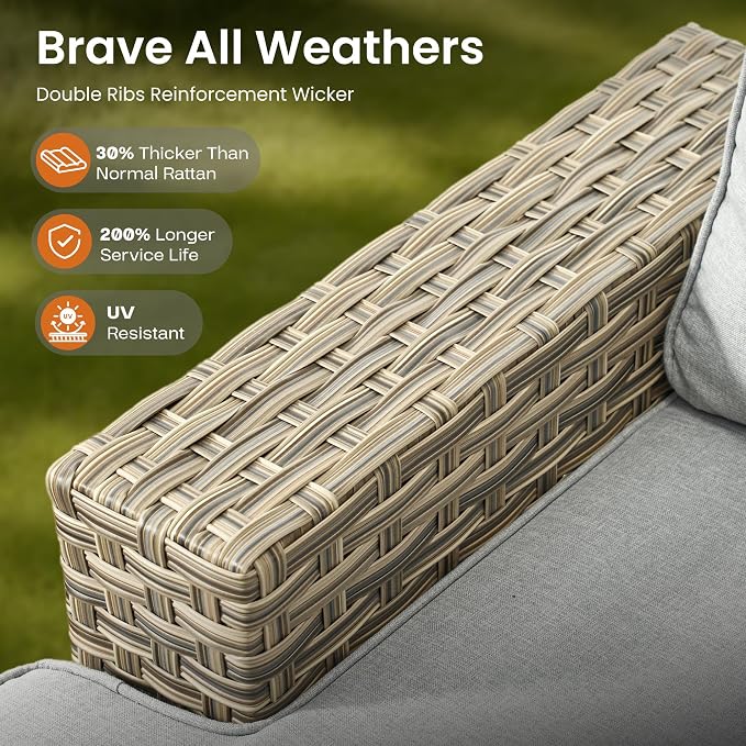 ovios 10 Piece Patio Sectional Furniture with 42in Fire Pit Table, Rattan Wicker Coversation Setwith Single Chairs, Outdoor Sofa Set for Outside Porch Balcony Backyard Pool, Light Grey