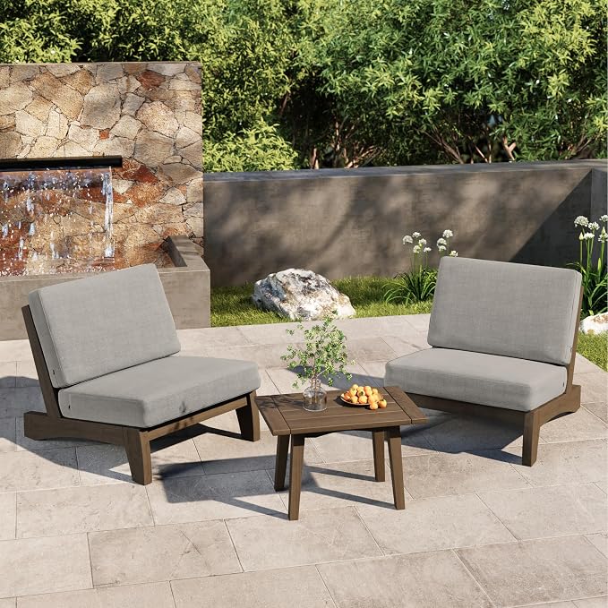 3 Piece Wood Patio Chair Outdoor Bistro Set, All Weather Outdoor Furniture Patio Sofa Chair Backyard Seating Group Conversation Sets with Wooden Side Table - Light Camel