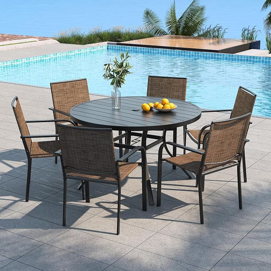 Anmutig 7-Piece Patio Dining Set, 48-Inch Round Dining Table with 6 Stackable Chairs, All-Weather Brown Tan