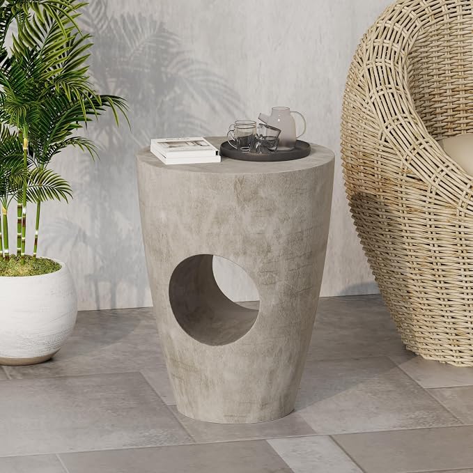 Patio Side Table, Round Concrete, Grey