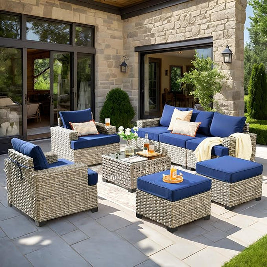 8 Pcs Outdoor Sectional Patio Furniture Set with Ottomans - All Weather Wicker Modular Outside Sectional Couch,Patio Seating Outdoor Conversation Sets for Deck Yard Garden,Navy Blue
