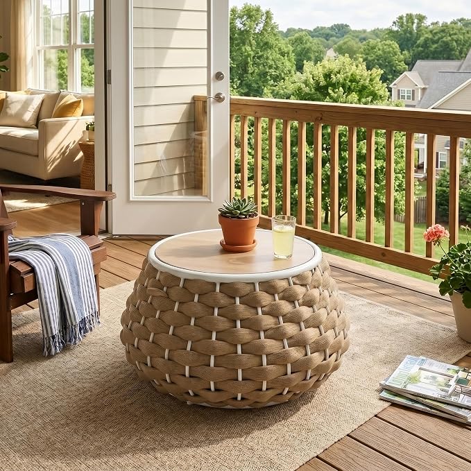 28 inch Outdoor Side Table, Large Patio End Table with Removable Lid Round Accent Side Tables with Metal Frame and Hollow Out Bottom for Patio, Balcony Porch, Poolside, Garden, Yard (Brown)