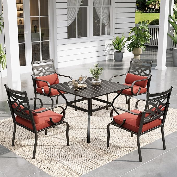 Sophia & William Patio Dining Set, Steel, Black | Umbrella Hole, E-Coated, Cushions Included, For Patio, Garden and Yard