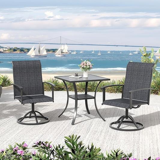 VICLLAX 3 Pieces Patio Outdoor Dining Set, 2 Swivel Textilene Chairs and 27.6" Square Metal Table with Storage for Porch, Deck, Garden, Black