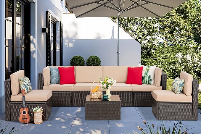 Vongrasig 8 Piece Patio Furniture Set with Propane Fire Pit, Outdoor Conversation Sets Wicker Sectional Sofa with Coffee Table, 43” Gas Gas Firepit Table 50,000 BTU for Outside, Patio, Beige