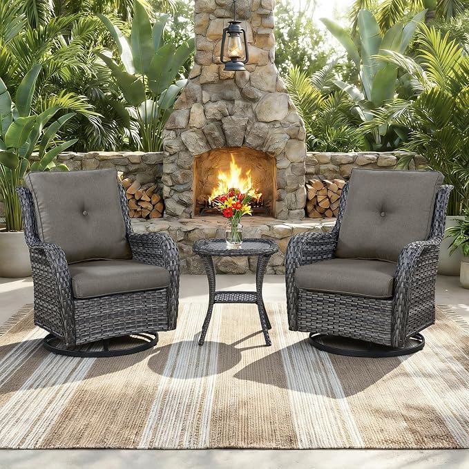 Outdoor Swivel Rocker Patio Chairs with Side Table 3 Pieces PE Wicker Patio Furniture Set for Porch Deck Balcony Garden-Grey/Grey