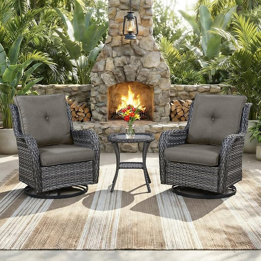 Outdoor Swivel Rocker Patio Chairs with Side Table 3 Pieces PE Wicker Patio Furniture Set for Porch Deck Balcony Garden-Grey/Grey