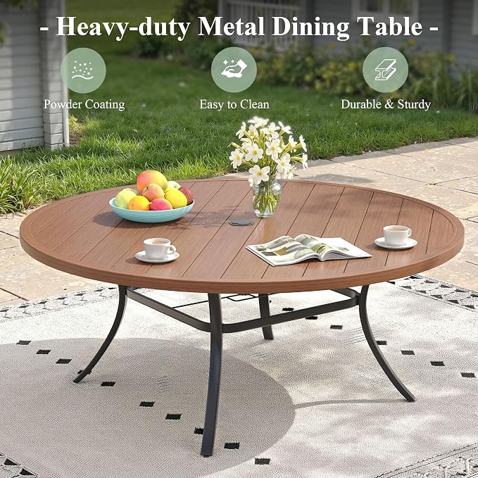 Outdoor Dining Set for 10, 63" Metal Round Outdoor Dining Table with Umbrella Hole and Wicker Stackable Patio Chairs, 11 Pieces Patio Table and Chairs Set for Garden Backyard, Walnut