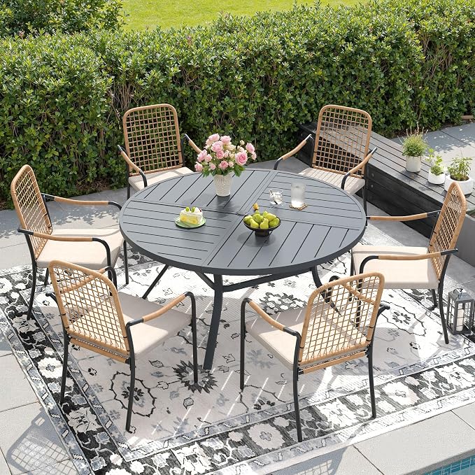 DIFY 7 Pieces Outdoor Dining Set, Metal Patio Table and Chairs Set for 6, 50" Round Dining Table with Umbrella Hole & Wicker Stackable Patio Chairs with Cushions, Grey Tabletop