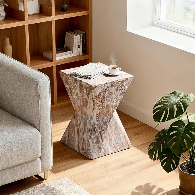 Outdoor Side Table Faux Marble Square Side Table Hourglass End Tables Small Coffee Tables for Patio Garden Stool for Porch, Backyard Balcony,12.4",Weather Resistant, Brown