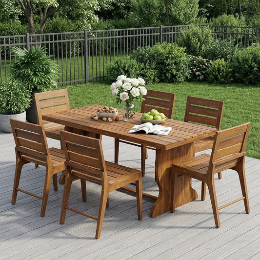 Christopher Knight Home 7-Piece Outdoor Dining Set, 70" Acacia Wood Patio Table with 6 Slatted Dining Chairs, Teak Finish Large Outdoor Table and Chairs Set for Garden Backyard Deck Porch
