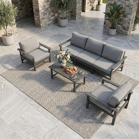 6-Piece Outdoor Patio Furniture Set, Modular HDPE Conversation Set with 3-Seater Sofa, 2 Armchairs & Large Coffee Table, Waterproof & UV-Resistant Outdoor Sofa with Cushions