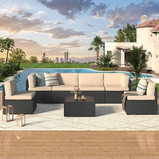 U-MAX 7 Piece Outdoor Patio Furniture Set, PE Rattan Patio Wicker Sectional Furniture Chair Set with Cushions and Tea Table, (Black Rattan&Beige Cushion)