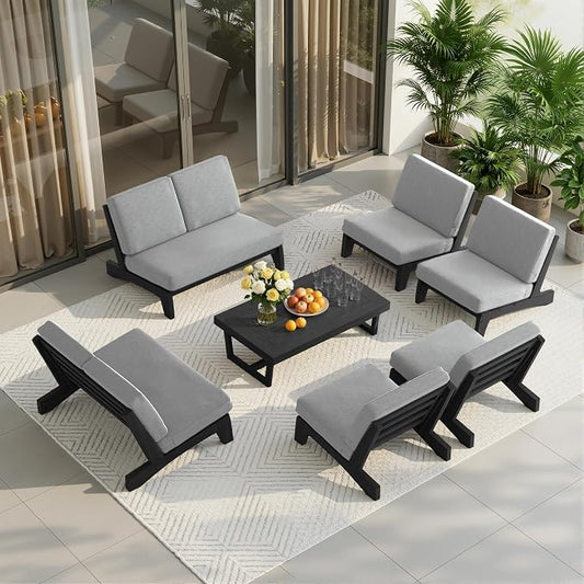 7 Pieces All Weather Black Wood Patio Furniture Sets, 2 Patio Loveseat, 4 Patio Bistro Chair, Outdoor Sectional Sofa Furniture Backyard Conversation Set with Coffee Table - Gray