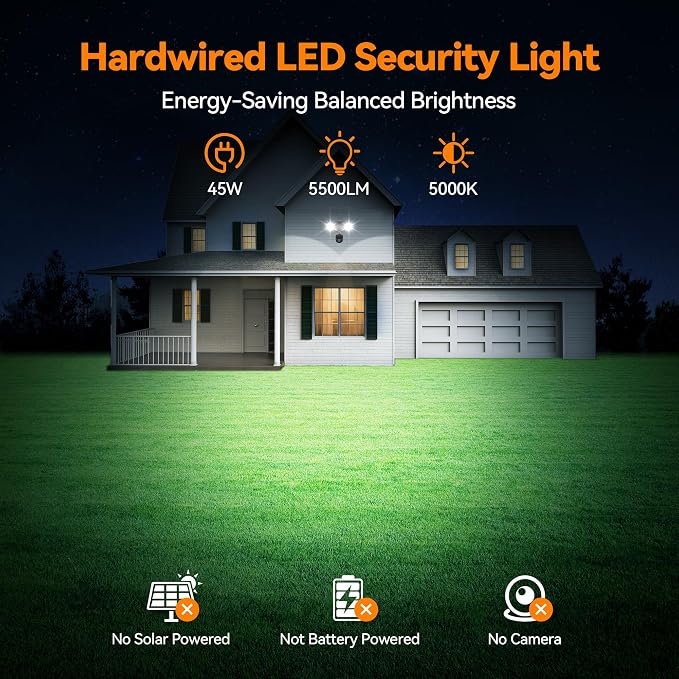 45W 5500LM PIR Motion Sensor Outdoor Lights, Dual Head LED Flood Light, 5000K Daylight, IP65 Waterproof Hardwired Dusk to Dawn Motion Detector Security Light for Outside Garage Yard (Black)