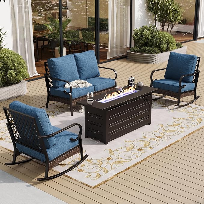 SUNSHINE VALLEY 4 Piece Metal Outdoor Patio Furniture Sets with Firepit Table, Patio Conversation Sets 1 2-Seater Sofa, 2 Rocking Sofa with 5.75" Cushion Black Backyard Furniture for Deck, Blue-2